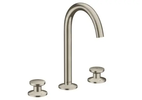 Waschtischarmatur mit zwei Bedienknöpfen und geschwungenem Auslauf, gefertigt aus gebürstetem Nickel, Marke AXOR. Push-Open Ablaufgarnitur im Lieferumfang enthalten.